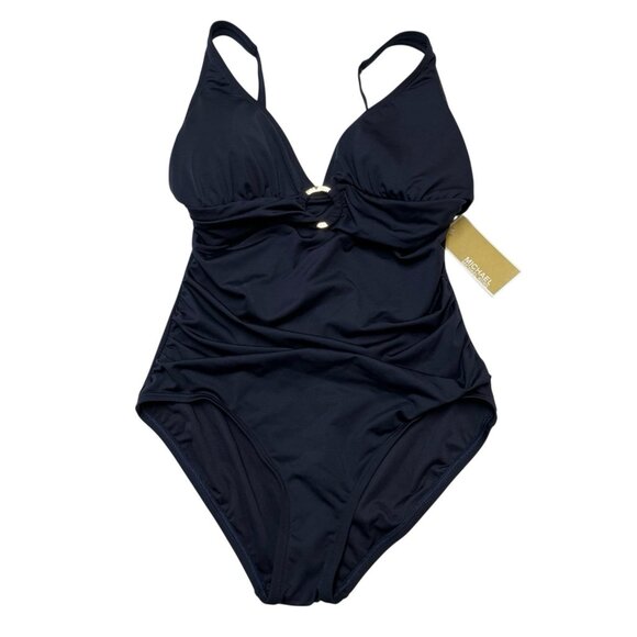 Michael Kors Swimsuit Womens 10 New Navy 1 Piece Logo Ring Detail Beach Vacation - Picture 1 of 6